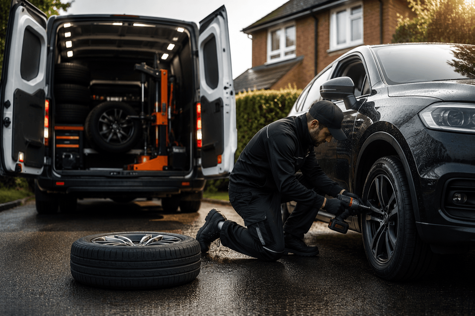 Mobile recovery technician fitting a tyre at a customer's driveway