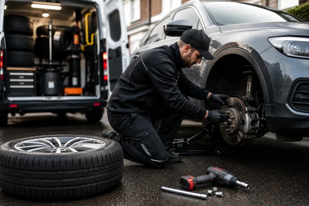 Mobile technician replacing a wheel at a customer's home
