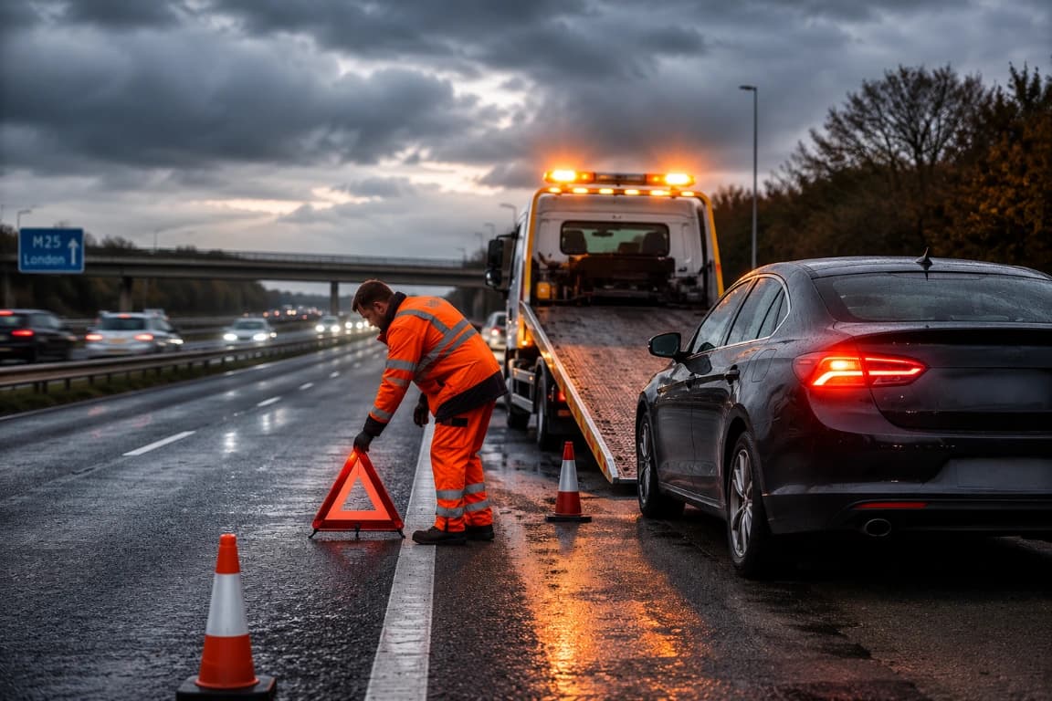 Tow truck assisting a driver on the roadside